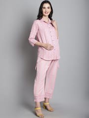 Moms Maternity Women's Cotton Sustainable Light Pink Pathani Style Kurta with Trouser Maternity Set